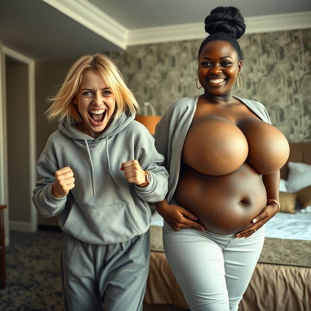 Inside a hotel room, a young, wild and slightly malnourished blonde woman, around 20 years old with medium-length blonde hair and big blue eyes, is in a desperate fighting stance