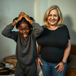 Inside a poor room, a frantic 19-year-old Black African woman with very dark skin and a malnourished appearance is depicted with her hands on her head, her eyes wide and frantic, showcasing a wild expression