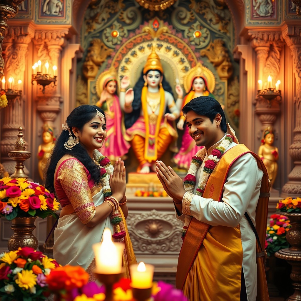 An Indian young couple performing a worship ceremony for Shiv and Parvati in a beautifully adorned temple