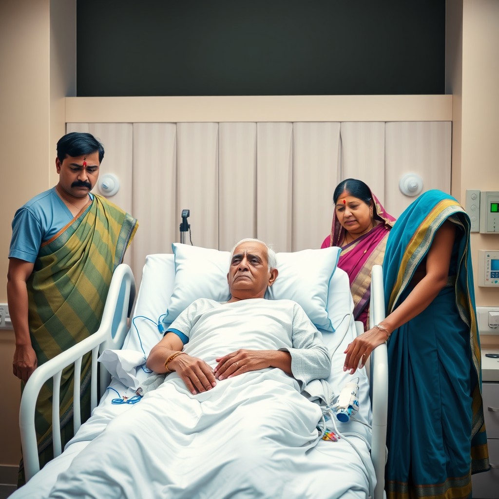 An Indian family of four gathered around a hospital bed, expressing worry and concern for their grandfather who is in a hospital bed