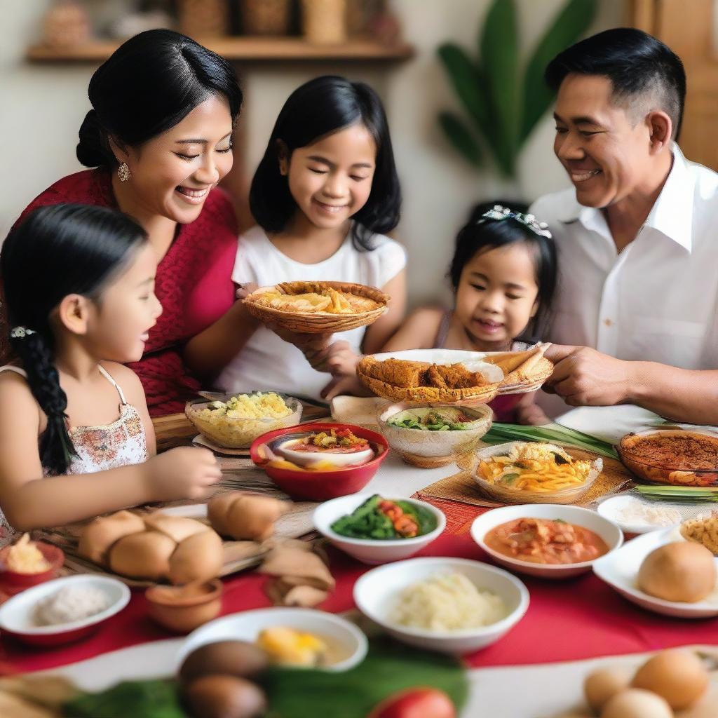 A Filipino themed celebration showcasing a family preparing a traditional Filipino holiday feast