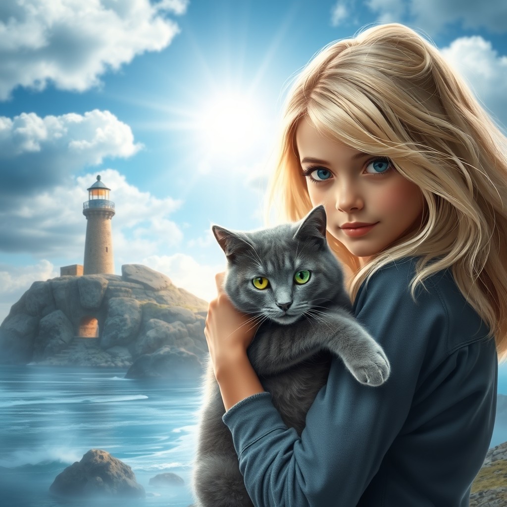 Fantasy book cover featuring a bright sky background and a lighthouse in the distance