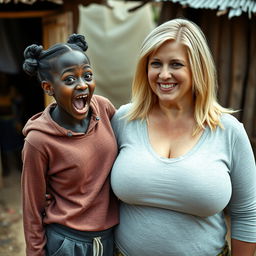 In an African village, a 19-year-old malnourished African woman with deep black skin, holding the breasts of a voluptuous blonde woman