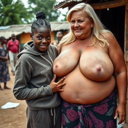 In an African village, a 19-year-old malnourished African woman with deep black skin is energetically interacting with a voluptuous older blonde woman