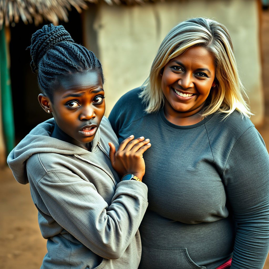 In an African village, a lively scene unfolds featuring a 19-year-old malnourished African woman with deep black skin