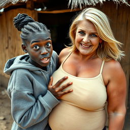 In an African village, a lively scene unfolds featuring a 19-year-old malnourished African woman with deep black skin