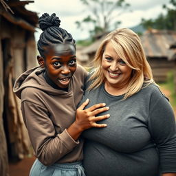In an African village, a lively scene unfolds featuring a 19-year-old malnourished African woman with deep black skin