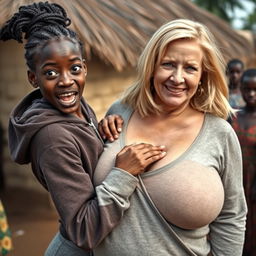 In an African village, a lively scene unfolds featuring a 19-year-old malnourished African woman with deep black skin