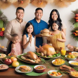 A Filipino themed celebration showcasing a family preparing a traditional Filipino holiday feast