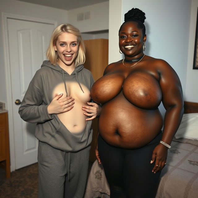 In a motel room, a young, wild blonde woman, 20 years old, malnourished with medium-length split hair and blue eyes, is holding the gigantic breasts of a Black woman beside her