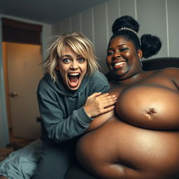 Inside a motel room, a young woman, 20 years old with messy medium-length blonde hair and striking blue eyes, appears completely frantic and desperate