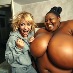 Inside a motel room, a young woman, 20 years old with messy medium-length blonde hair and striking blue eyes, appears completely frantic and desperate