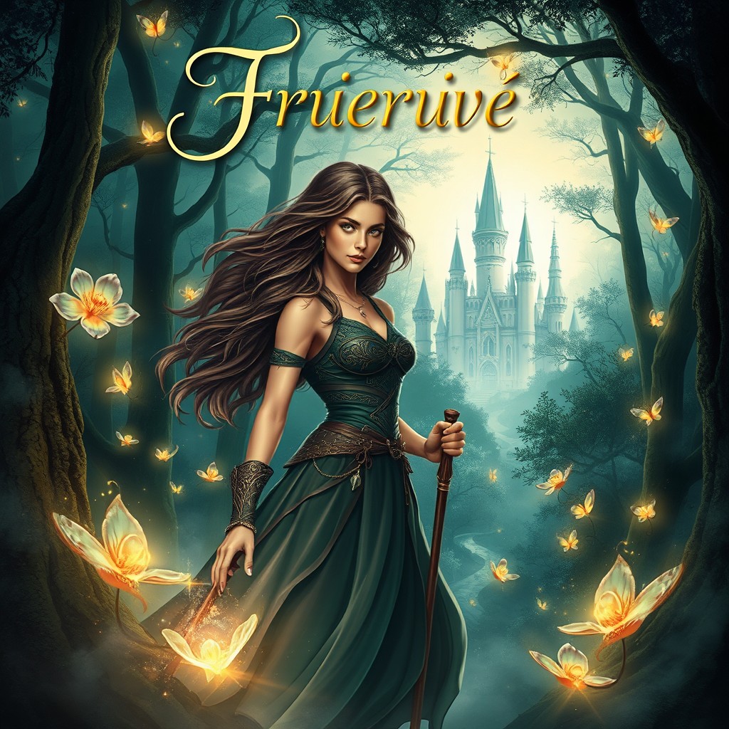 A captivating book cover design featuring a mystical forest with ethereal glowing lights and enchanting creatures peeking through the trees