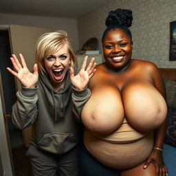 Inside a motel room, a distressed and frantic 20-year-old blonde woman with medium-length messy hair and bright blue eyes is displaying a wild expression, holding her hands up with an open mouth as if screaming in madness while expressing a chaotic smile