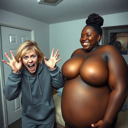 Inside a motel room, a distressed and frantic 20-year-old blonde woman with medium-length messy hair and bright blue eyes is displaying a wild expression, holding her hands up with an open mouth as if screaming in madness while expressing a chaotic smile