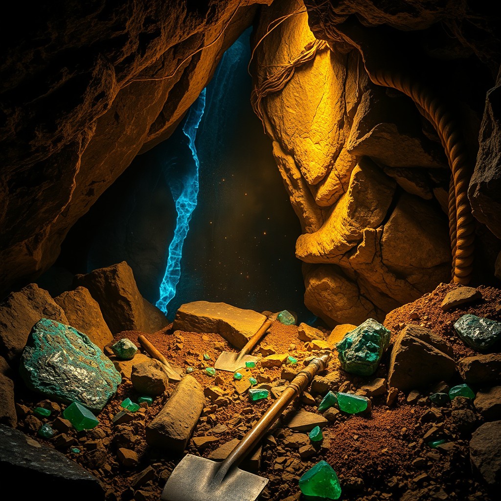 A stunning image of a deep, richly colored underground mine with veins of vivid minerals like bright blue azurite, green malachite, and sparkling pyrite, contrasting against the darker rock