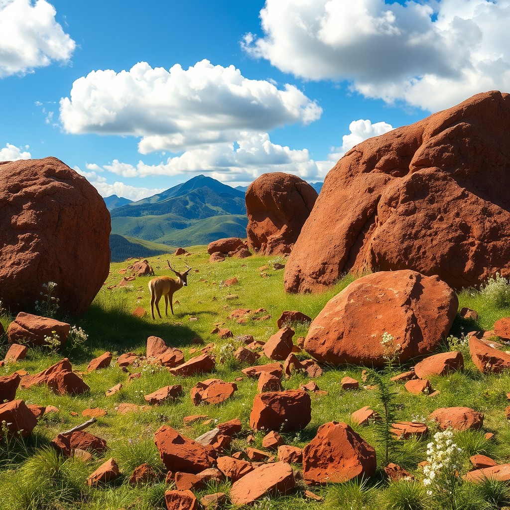 A breathtaking landscape showcasing iron ore on the surface of the Earth, featuring large rust-colored boulders and scattered fragments of iron ore rock amidst a backdrop of green grass and wildflowers