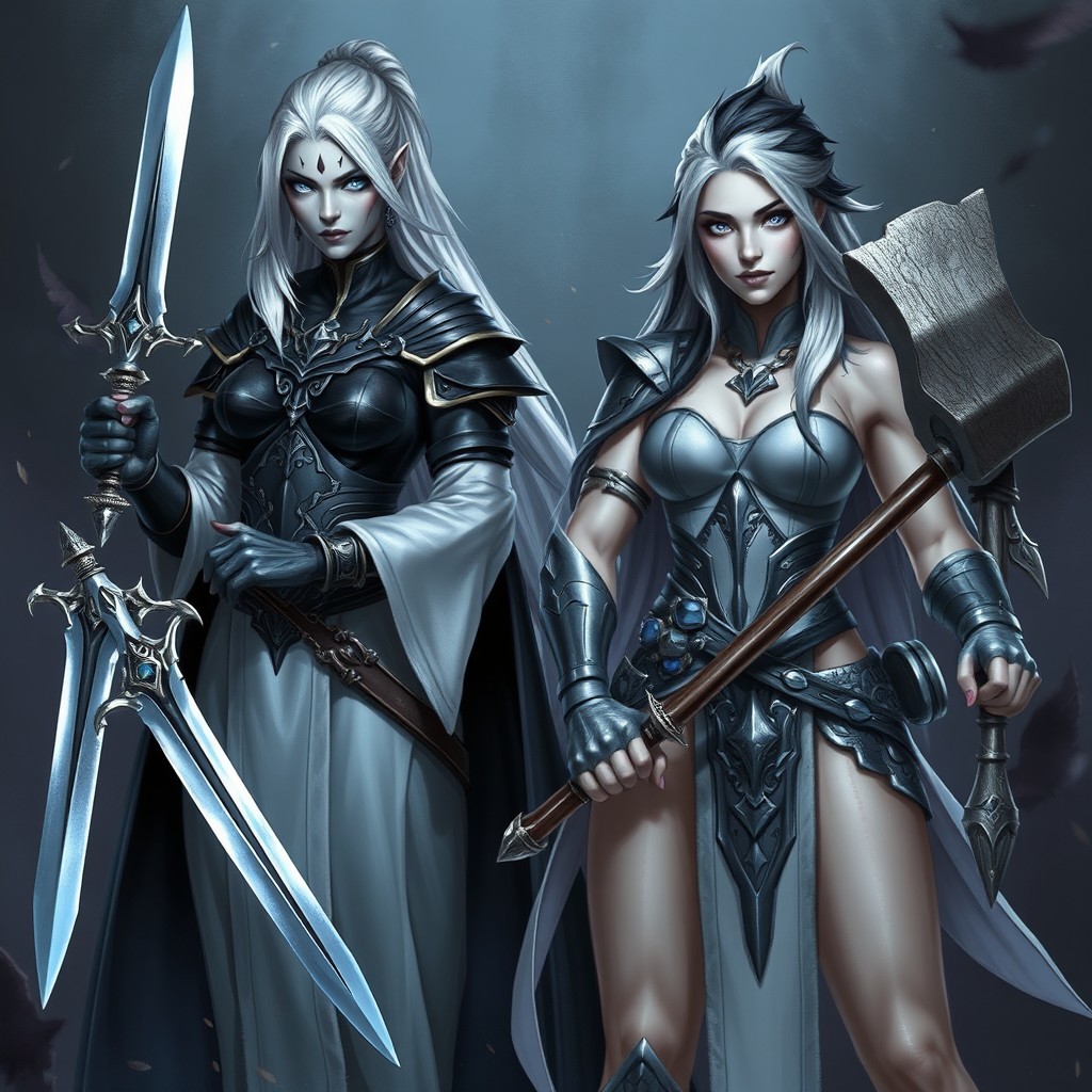 A female Drow Cleric with ash-toned skin, standing confidently with dual scimitars in her hands