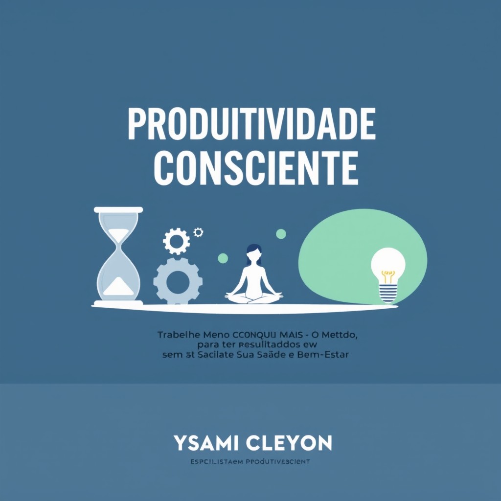 A minimalist and modern e-book cover titled 'Produtividade Consciente' with the subtitle 'Trabalhe Menos, Conquiste Mais — O Método para Ter Mais Resultados sem Sacrificar Sua Saúde e Bem-Estar'