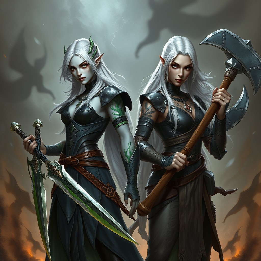 A female Ash Tone Drow Cleric with verdant green vine tattoos, standing poised with two Simitar blades in her hands