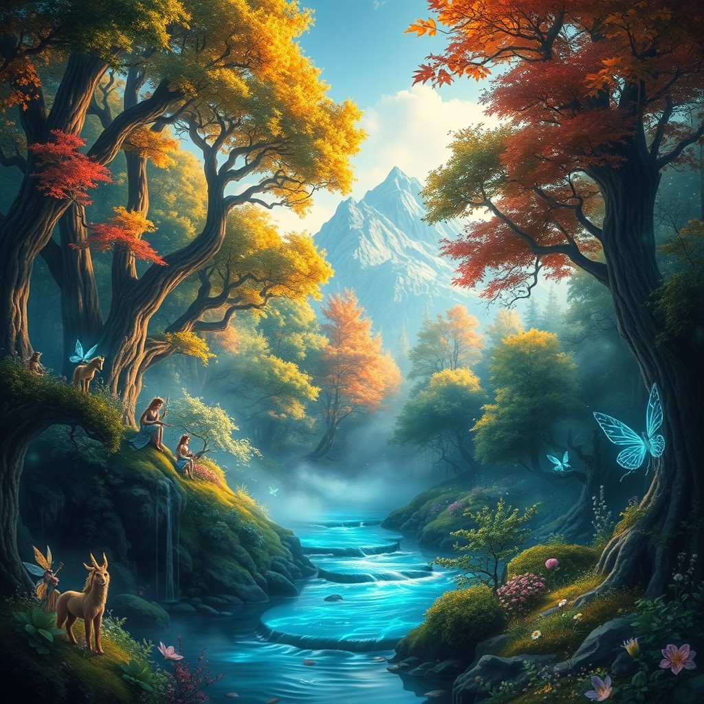 A captivating fantasy landscape depicting an enchanted forest with vibrant colors and magical creatures
