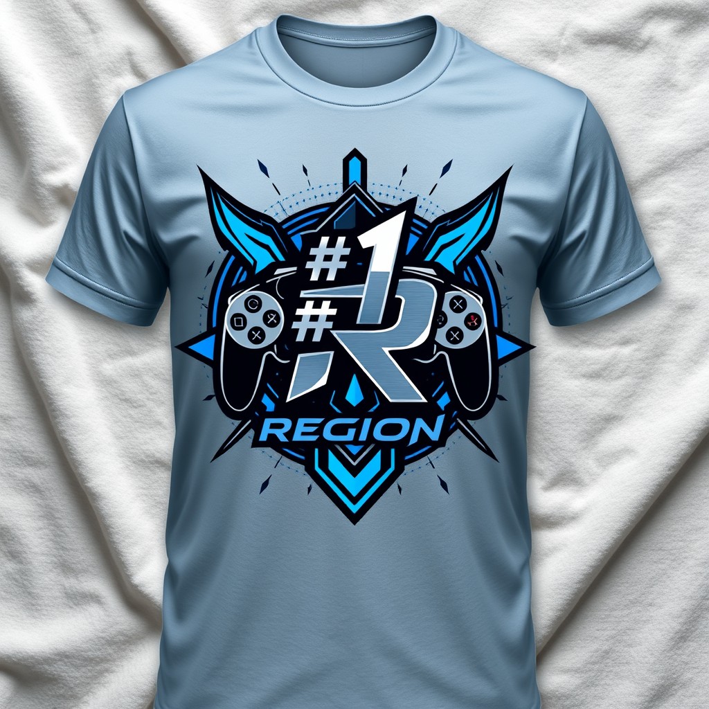A stylish t-shirt design featuring a bold and dynamic emblem for an esports team named '#1 Region'