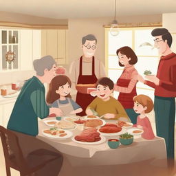 A warm family scene where members are cooking Christmas and New Year meals together and exchanging presents in an atmosphere of love and holiday spirit