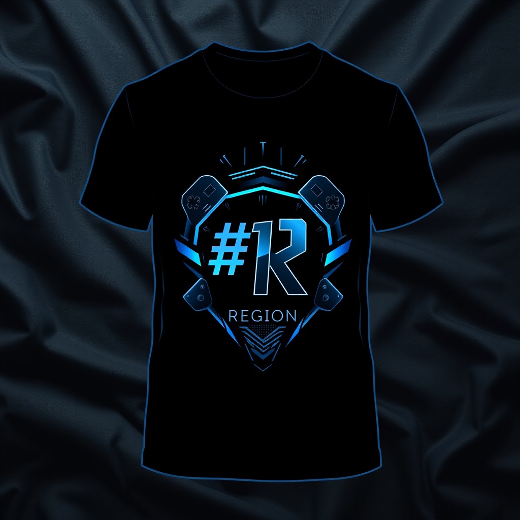 A stylish t-shirt design featuring a bold and dynamic emblem for an esports team named '#1 Region' in dark colors