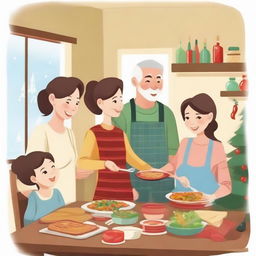 A warm family scene where members are cooking Christmas and New Year meals together and exchanging presents in an atmosphere of love and holiday spirit