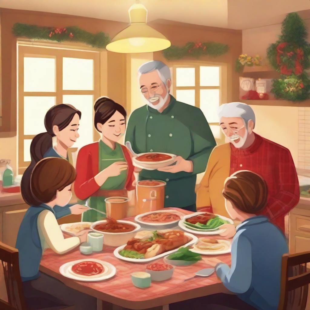 A warm family scene where members are cooking Christmas and New Year meals together and exchanging presents in an atmosphere of love and holiday spirit