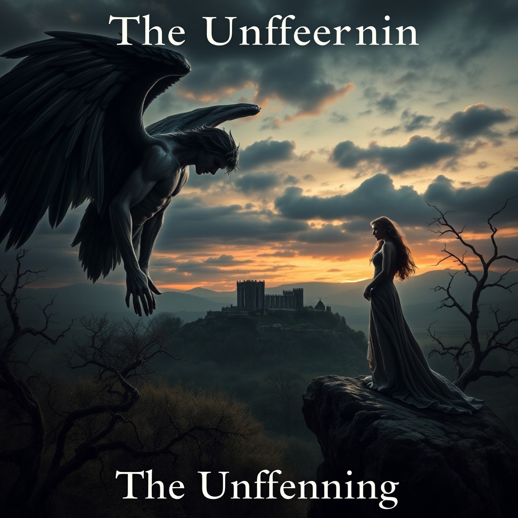 A dramatic scene depicting a fallen angel in a gothic landscape, with dark, majestic wings and an expression of longing