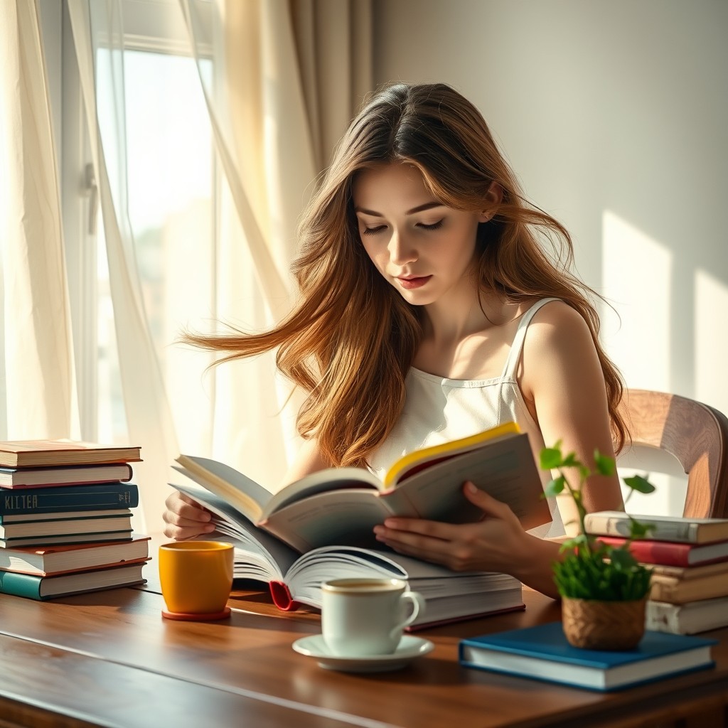 A young woman with flowing brown hair sitting at a wooden desk, deeply engrossed in a book