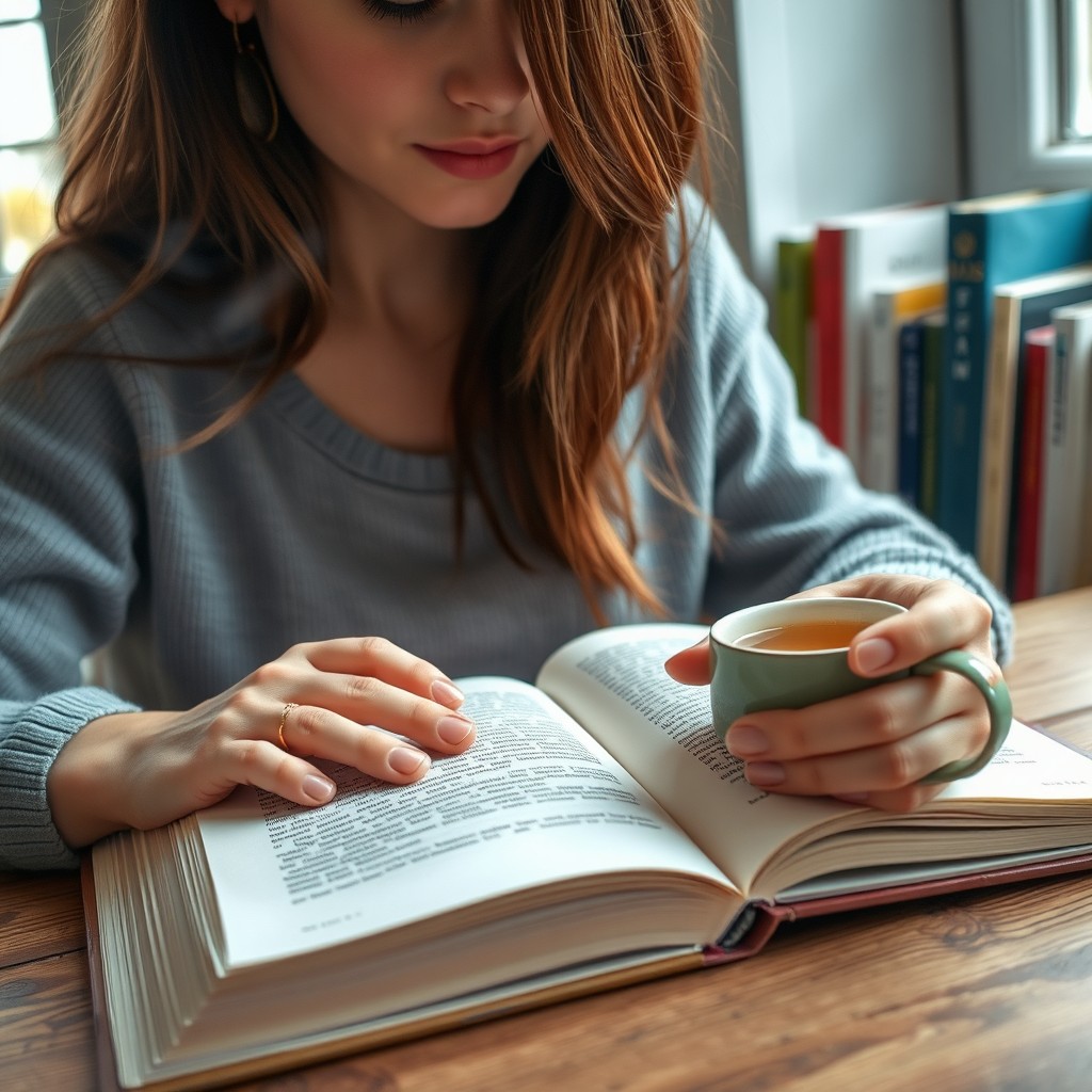 A close-up view of a young woman with brown hair, focused on reading a book placed on a wooden desk