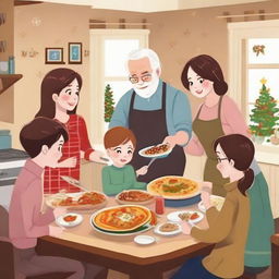 A warm family scene where members are cooking Christmas and New Year meals together and exchanging presents in an atmosphere of love and holiday spirit