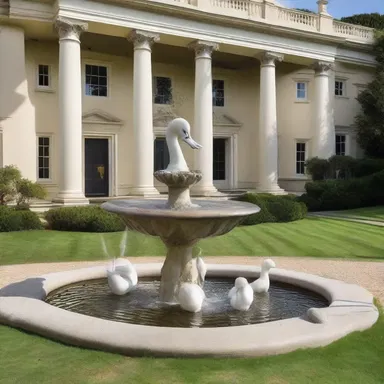 The luxurious mansion featured an exquisite fountain adorned with sculptures of cygnets.