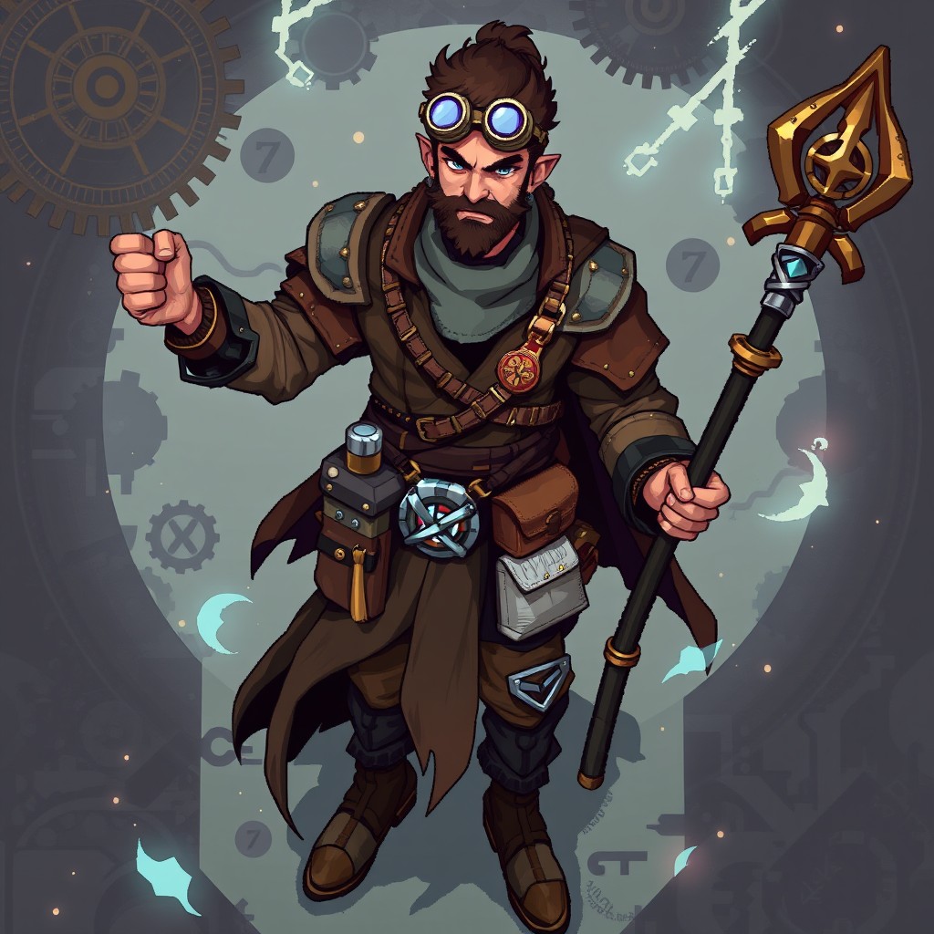 A pixel art character design for a male craftsman-inventor/arcane mage in a steampunk magical world