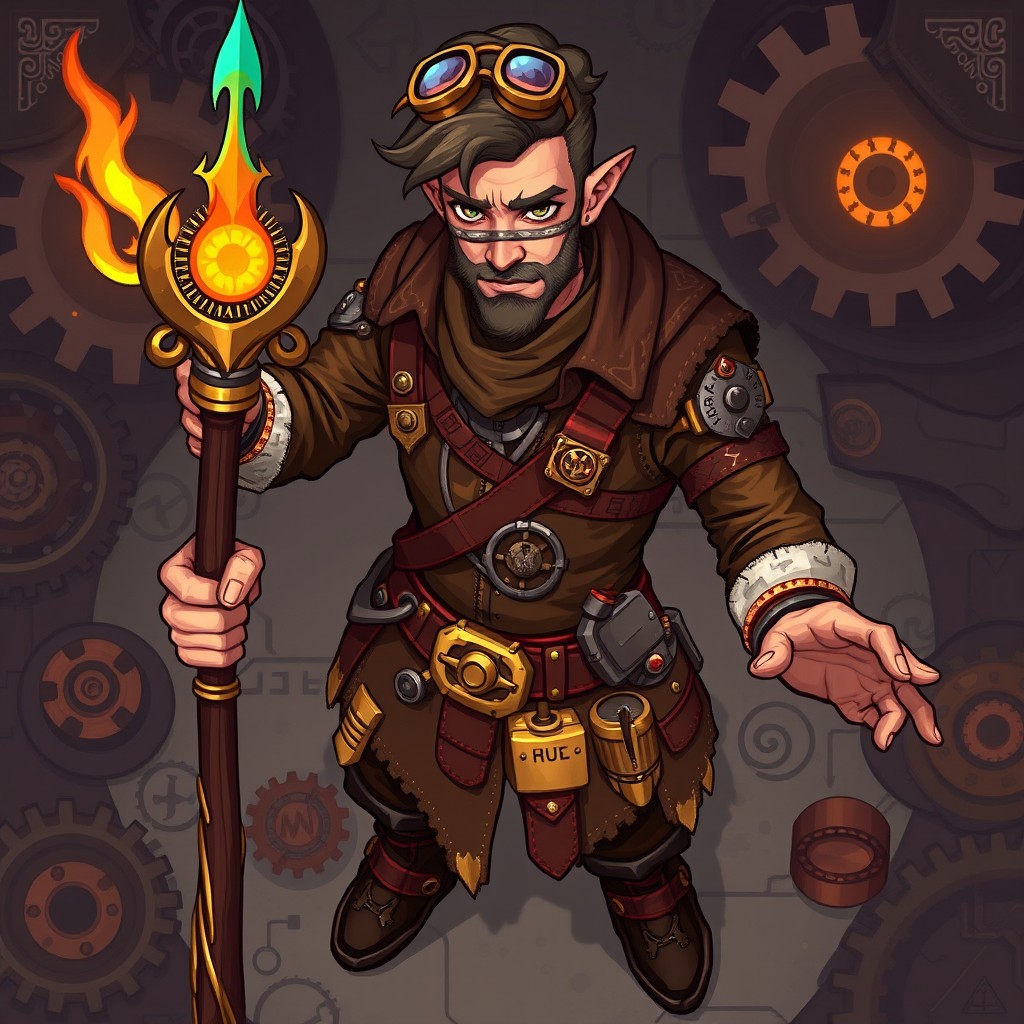A pixel art character design for a male craftsman-inventor/arcane mage in a steampunk magical world