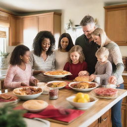 A family of five, including parents and three daughters, busily preparing holiday meals in a festively decorated kitchen while exchanging gifts amidst the merriment of Christmas and the anticipation of New Year