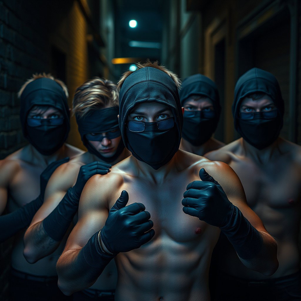 Un grupo de ladrones, hombres jóvenes con ojos azules brillantes, todos sin camiseta, mostrando una postura decidida y alerta