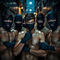Un grupo de ladrones, hombres jóvenes con ojos azules brillantes, todos sin camiseta, mostrando una postura decidida y alerta