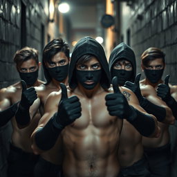 Un grupo de ladrones, hombres jóvenes con ojos azules brillantes, todos sin camiseta, mostrando una postura decidida y alerta