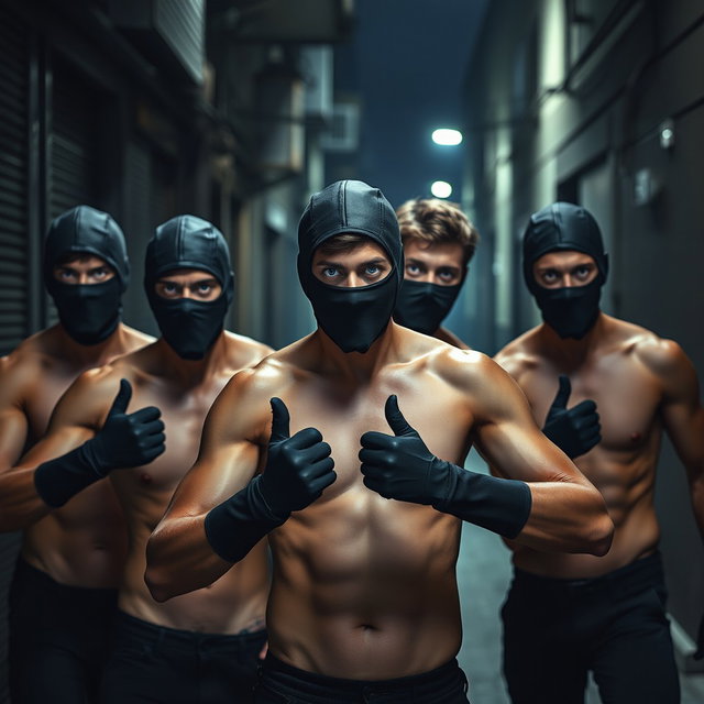 Un grupo de ladrones, hombres jóvenes con ojos azules brillantes, todos sin camiseta, mostrando una postura decidida y alerta