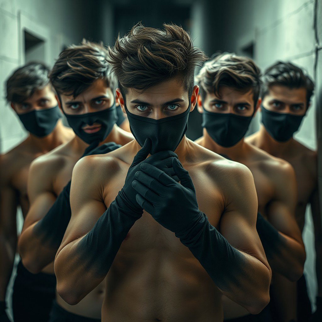 Un grupo de ladrones, hombres jóvenes con ojos azules resaltantes, todos sin camiseta, mostrando una actitud desafiante y decidida