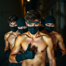 Un grupo de ladrones, hombres jóvenes con ojos azules resaltantes, todos sin camiseta, mostrando una actitud desafiante y decidida