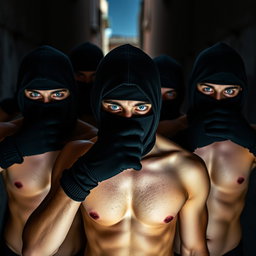 Un grupo de ladrones, hombres jóvenes con ojos azules resaltantes, todos sin camiseta, mostrando una actitud desafiante y decidida