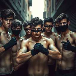 Un grupo de ladrones, hombres jóvenes con ojos azules resaltantes, todos sin camiseta, mostrando una actitud desafiante y decidida
