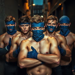 Un grupo de ladrones, hombres jóvenes con ojos azules brillantes, todos sin camiseta, mostrando una postura decidida y audaz