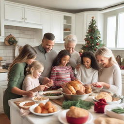 A family of five, including parents and three daughters, busily preparing holiday meals in a festively decorated kitchen while exchanging gifts amidst the merriment of Christmas and the anticipation of New Year