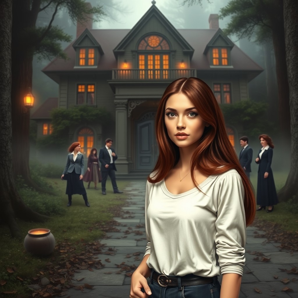 A mysterious and luxurious mansion set in an isolated location, surrounded by dense woods and mist