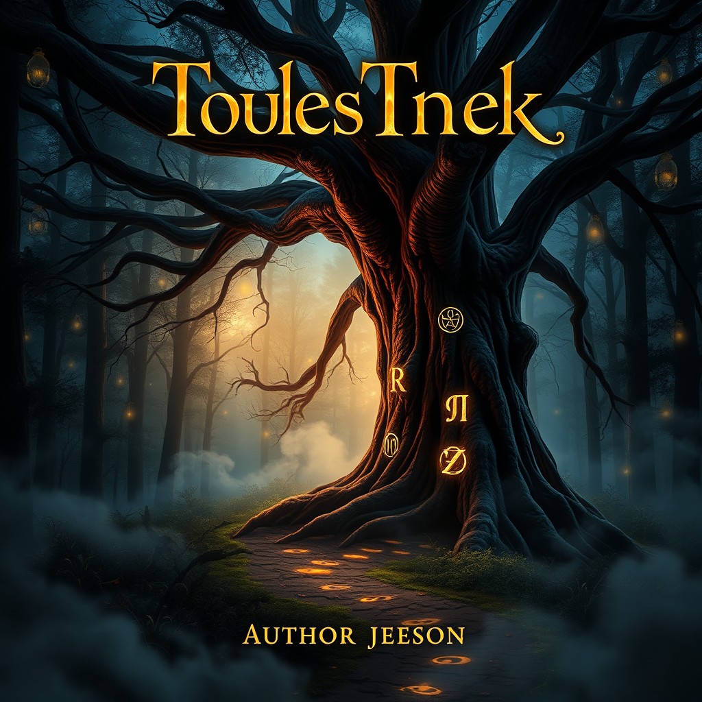 A captivating book cover design featuring a mystical forest scene at twilight